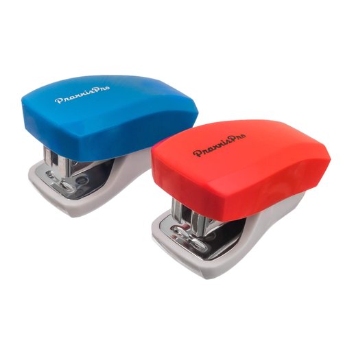 PraxxisPro Desk Accessories - Aria Premium Mini Stapler Set - with Built-in Staple Removers, 2000 Standard Staples Included - for Office, School, and Travel, Set of 2, Blue & Red