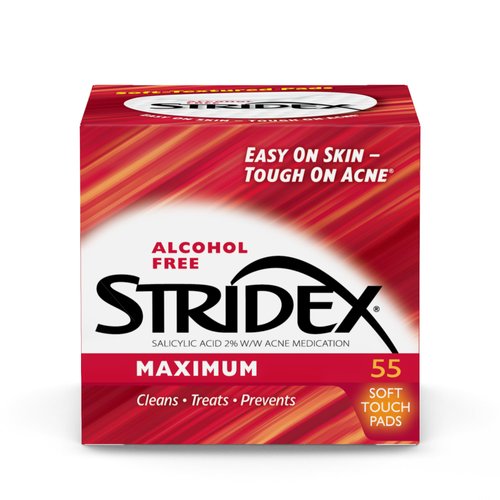 Stridex Medicated Acne Pads, Maximum, 55 Count – Facial Cleansing Wipes, Alcohol Free, Acne Treatment for Face, For Moderate Acne, Smooth Application