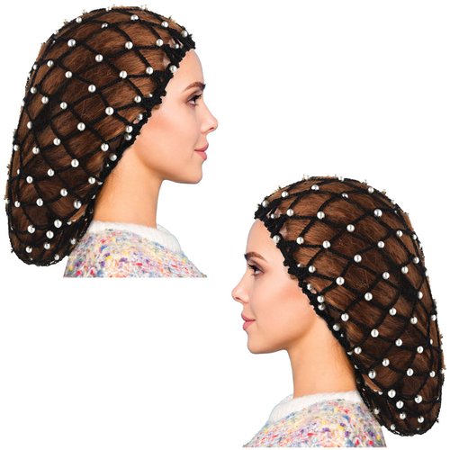 MTLEE 2 Pieces Mesh Crochet Hair Net Rayon Knit Snood with Pearl Crocheted Sleeping Cap Hair Wrap Hair Cover Ornament for Long Short Curls Hair(Black)