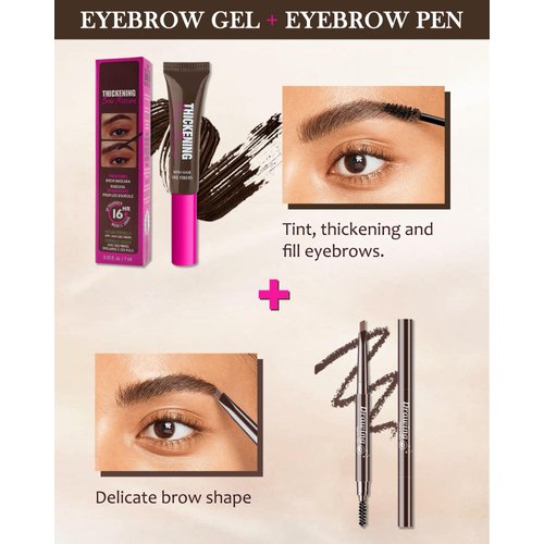 Waterproof Tinted Brow Gel Kit,1 Brown Tinted Eyebrow Mascara Gel & 1 Eyebrow Pencil Dark Brown, Brow Filler Lift Fast Sculpt Waterproof Eyebrow Gel Glue, Eye Brow Makeup with Brow Razor & Brush-Set 5
