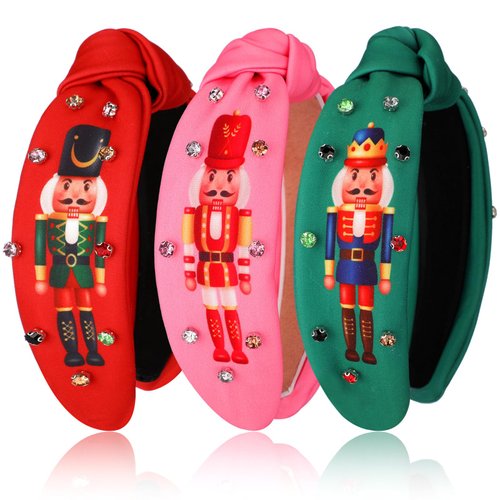 Christmas Headband Christmas Nutcracker Knotted Headbands Rhinestone Jeweled Headband for Women Nutcracker Crystal Headband Embellished Wide Top Knot Headband for Xmas Hair Accessories