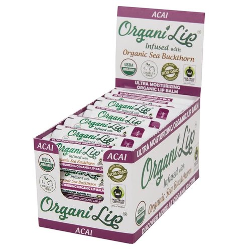 OrganiLip Organic Lip Balm, Acai Flavor, Ultra Hydrating Lip Moisturizer for Cracked or Dry Lips, Infused With Organic Sea Buckthorn, Oval Shaped Tube, USDA Certified Organic, 30 Pack