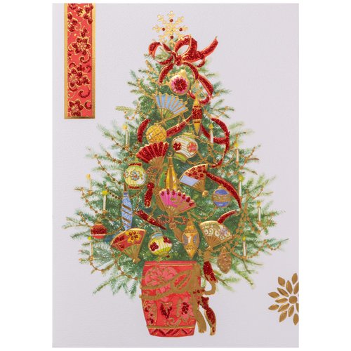 NIQUEA.D Christmas Boxed Card Set, Asian Fan Tree, Includes a Holiday Sentiment and Coordinating Envelope, Set of 8 (NXB-0023), multicolored, 5" x 7"