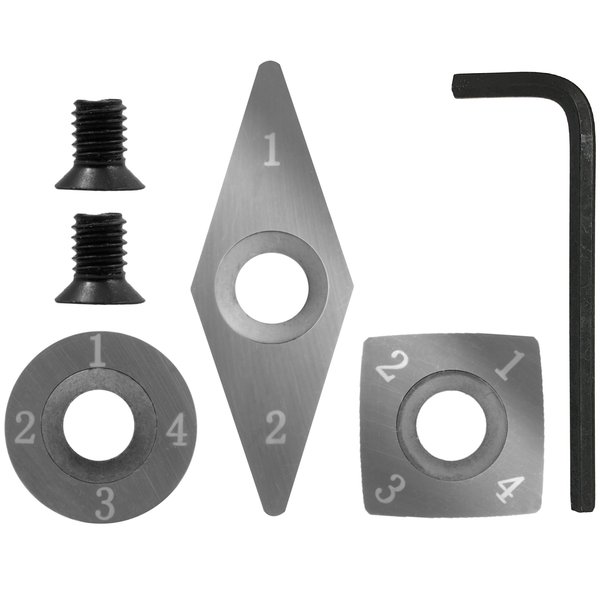 3 piece Carbide Mini Turning Tool Replacement Cutter Set. 1 each 4 inch radius Square, Round and Diamond Shaped Cutters with 1 replacement screw