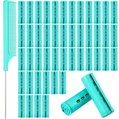 48 Pieces Hair Perm Rods Cold Wave Rods Plastic Perming Rods Curlers Hair Rollers with Steel Pintail Comb Rat Tail Comb for Hairdressing Styling Tools (Green, 0.98 Inch/ 2.5 cm)