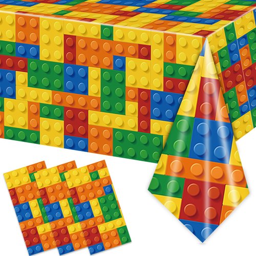 3PCS Building Block Party Tablecloths for Boys Kids Colorful Building Plastic Table Cover Blocks Themed Birthday Party Supplies Baby Shower Decorations Disposable Plastic Party Table Cloth