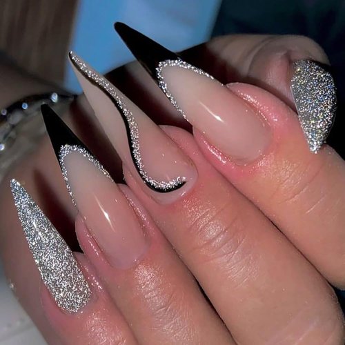 ANDGING Stiletto Press on Nails Black Medium Long French Tip Fake Nails Acrylic Glue on Nails with Silver Glitter Design Women False Nails with Glue Manicure Gel Stick on Nails for Wedding Birthday