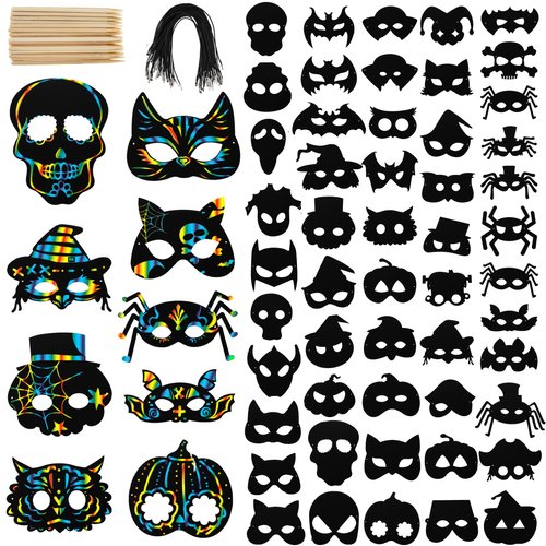 Nicunom 52 PCS Rainbow Scratch Mask, Magic Scratch Paper Mask Art Craft Kit for Kids Birthday Cosplay Decoration, Bat Pumpkin Skull Zombie Witch Pirate Halloween Party Favor Supplies