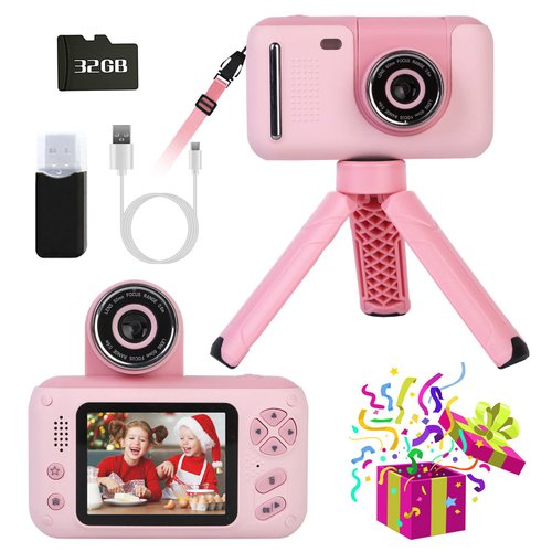 Kids Selfie Camera,Christmas Birthday Gifts for Girls Age 3-9, HD Digital Video Cameras for Toddler Portable Toys for 3 4 5 6 7 8 Year Old Girl 32GB SD Card (Pink)