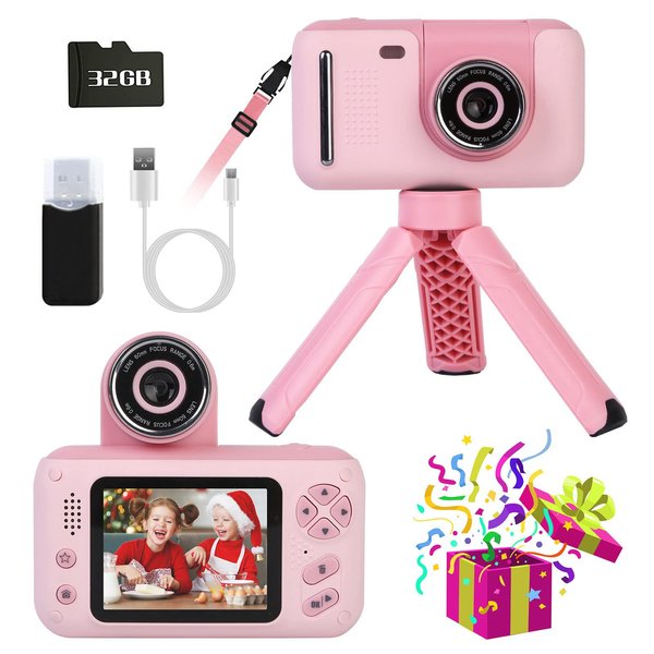 Kids Selfie Camera,Christmas Birthday Gifts for Girls Age 3-9, HD Digital Video Cameras for Toddler Portable Toys for 3 4 5 6 7 8 Year Old Girl 32GB SD Card (Pink)
