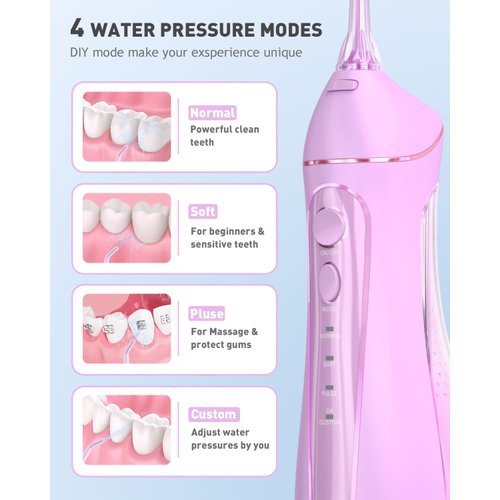 Water Dental flosser for Teeth Cleaning - Oralfree Braces Care, Cordless Portable Rechargeable Oral Irrigator 4 Modes 5 Tips IPX7 Waterproof Powerful Battery Water Teeth Cleaner Pick for Home Travel
