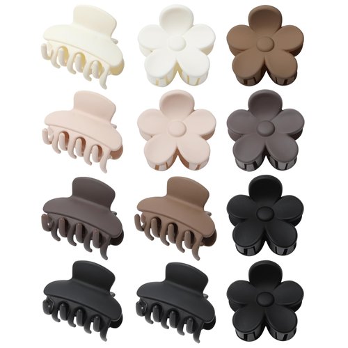 AWAYTR Hair Clips, 12pcs Small Matte Hair Claw Clips for Women - Flower, Rectangle - White/Brown/Black, Cute Hair Clips for Girls