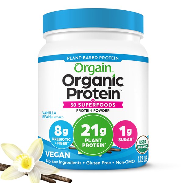 Orgain Organic Vegan Protein + 50 Superfoods Powder, Vanilla Bean - 21g Plant Based Protein, 8g Prebiotic Fiber, No Lactose Ingredients, Gluten Free, Non-GMO, 1.12 lb (Packaging May Vary