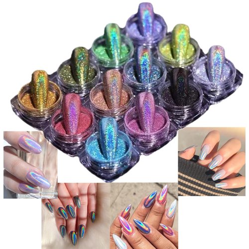 PhantomSky Super Holographic Nail Glitter Powder Magic Shining Mirror Effect Nail Deco DIY Manicure Pigment Decorations Nail Art Accessories, Laser Chameleon Rainbow, 12 Colors