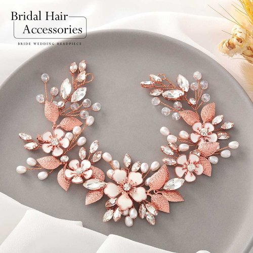 CASDRE Flower Bride Wedding Headpiece Crystal Bridal Hair Accessories Pearl Headband for Women and Girls (C Rose Gold)