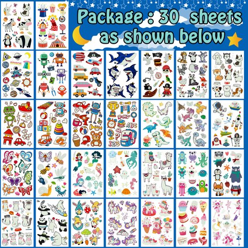 Partywind Glow Temporary Tattoos for Kids Party Favors, 380 Mixed Styles Tattoo Stickers Include Dinosaur Mermaid Pirate Shark, Glow Party Supplies for Kids Goodie Bags - 30 Sheets