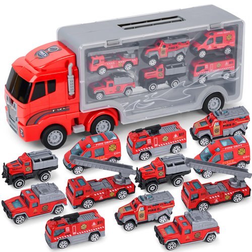 AMOR PRESENT 21PCS Fire Truck Toy Set, Red Carrier Fire Truck with Small Rescue Toy Cars Firemen Figures for Kids Birthday Present