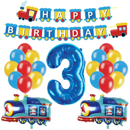 JOPARY Train 3rd Birthday Decorations Boys Train, 3 Years Old Birthday Party Supplies With Number 3 Foil Balloons Train Birthday Banner,Latex Balloons For Kids Train Birthday Party Decoration
