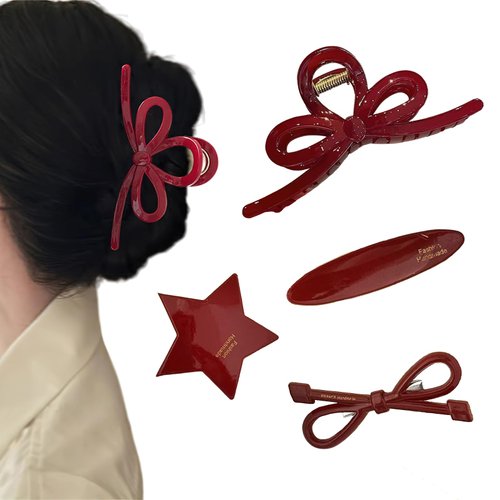 4 Pcs Hair Claw Clips Set Angora Red Valentine's Bow Pentagram Elliptical Resinous Baked Paint Everyday Lives Stylish Hair Clips for Women Teen Girls Thick & Thin Hair Accessories