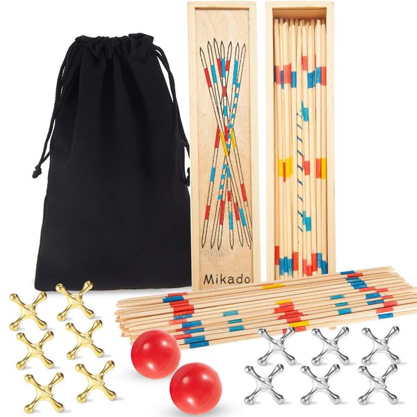 2 Sets Jacks Game with Ball Classic Pick up Sticks Game kit Include 2 Pieces Red Rubber Balls and 20 Pieces Metal Jacks Game Toy for Christmas Retro Party Favors