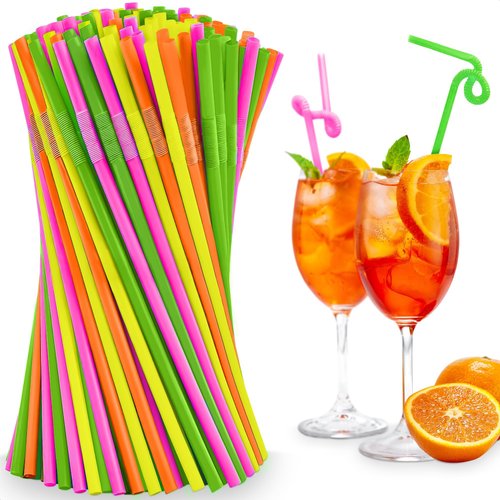 200 Pack Extra Long Straws Disposable - 17" Cocktail Straws Drinking Plastic Neon Assorted Color Long Bendable Drinking Straws Plastic Disposable Straws - Extra Long Plastic Drinking Straws Disposable