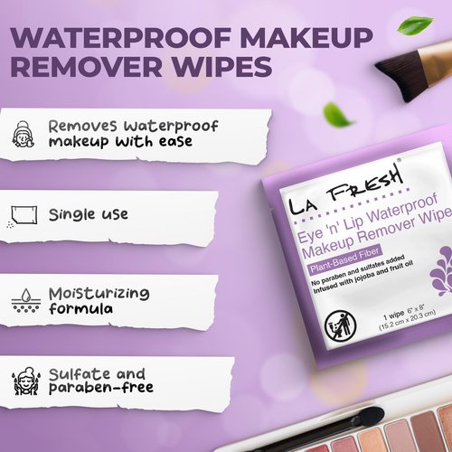 LA Fresh Eye and Lip Waterproof Makeup Remover Wipes Pack of 50 Individually Wrapped Wipes Made With Vitamin E, Olive Oil Convenient Size For Purse, Gym Bag, Car, Anywhere On The Go