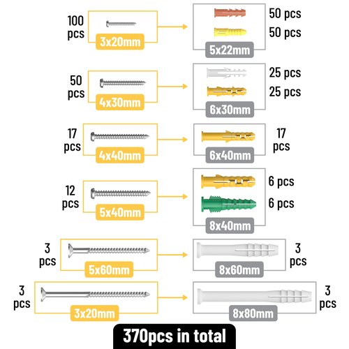 Mr. Pen- Wall Anchors and Screws for Drywall, 370pcs, Assortment Kit, Plastic Drywall Wall Anchors Kit with Screws, Includes 5 Different Assorted Size Anchors and Screws