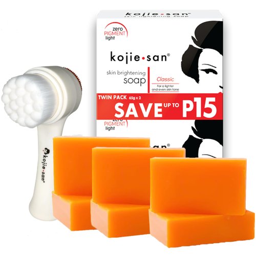 Kojie San Skin Brightening Brush Set - Original Kojic Acid Soap That Helps Reduces Dark Spots & Other Types of Skin Damage – 65g x 6 Bars and Relumins Deep Pore Facial Cleansing Brush