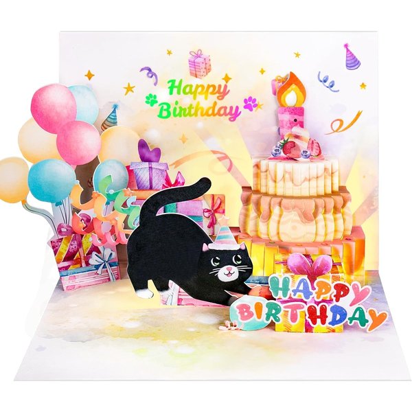 FITMITE Birthday Cards, Cute Cat MUSIC & LIGHTS & BLOWABLE CANDLE Funny Pop up Happy Birthday Card, Birthday Gifts for Women Men Cat Lover Mom or Dad