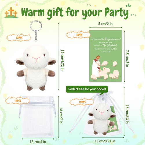 HyDren 12 Set Sheep Plush Keychain Gifts 4.72 Inch Stuffed Animal Cute Lamb Bible Verse Cards with Organza Bags for Baptism Pray Gifts Christmas Party Favors Birthday Gifts