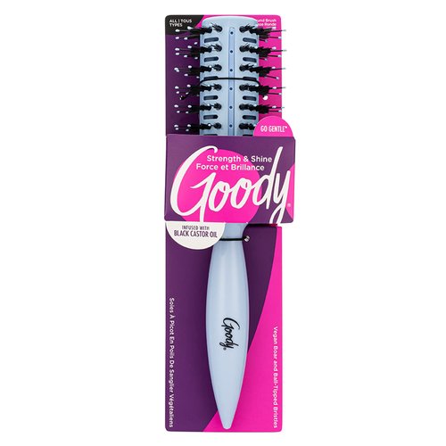 Goody Round Cushion Brush Infused with Black Castor Oil - Go Gentle - Strengthens & Shines for All Hair Types Without Tears or Breakage - Pain-Free Accessories for Women, Men, Boys, & Girls