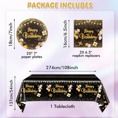 Black and Gold Birthday Decorations Black and Gold Birthday Tableware Set Party Supplies Includes Black Gold Table Cloth Cover Paper Plates Napkins for Birthday Party Decoration Supplies