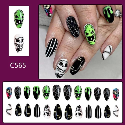 24 Pcs Halloween Press on Nails Medium Almond Fake Nails Black Acrylic Nails with Spider Web and Green Monster face Designs Glossy False Nails Stick on Nails Press on Nails for Women Girls