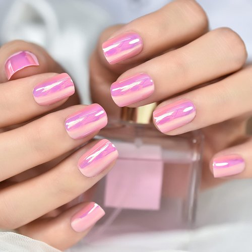 ELEVENAIL Press On Nails Glossy Short Squoval Stick On Fake Nails Salon DIY Acrylic Manicure Reusable Magic Pink Chrome False Acrylic Nail Art Tips for Women Girls