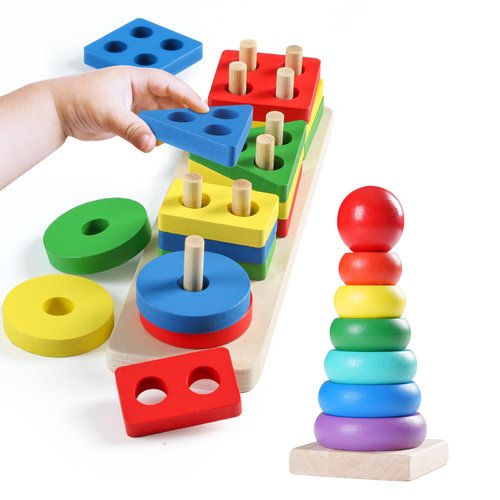 FEISCS Wooden Sorting & Stacking Toys for Toddlers Kids,Montessori Toys for 1 2 3 Years Old,Preschool Learning Toy,Stacking Ring Shape Sorter Gift(23Piece)