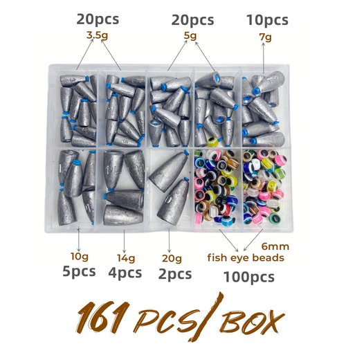 DAMIDEL 161Pcs/Box Worm Fishing Sinker Weights Kit with Soft Plastic Core（20g,14g,10g,7g,5g,3.5g Mixed, 61Pcs Bullet Lead Fishing Weights, 100 Pcs Eye Beads Bait, Don't Hurt Line Texas Rig