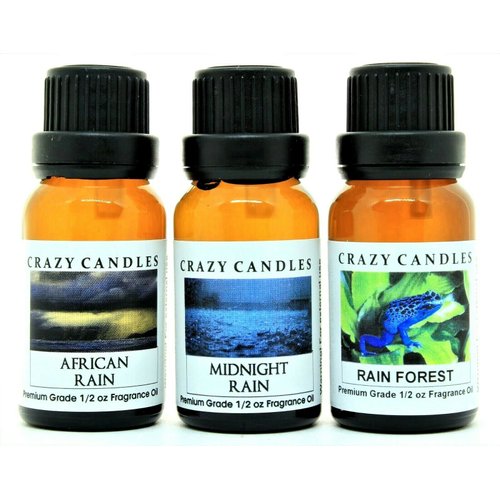 Crazy Candles 3 Bottles Set, 1 African Rain, 1 Midnight Rain, 1 Rain Forest 1/2 Fl Oz Each (15ml) Premium Grade Scented Fragrance Oils