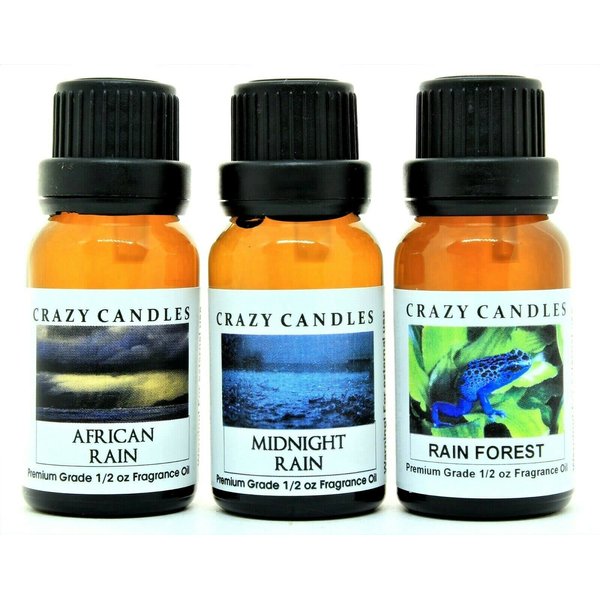 Crazy Candles 3 Bottles Set, 1 African Rain, 1 Midnight Rain, 1 Rain Forest 1/2 Fl Oz Each (15ml) Premium Grade Scented Fragrance Oils
