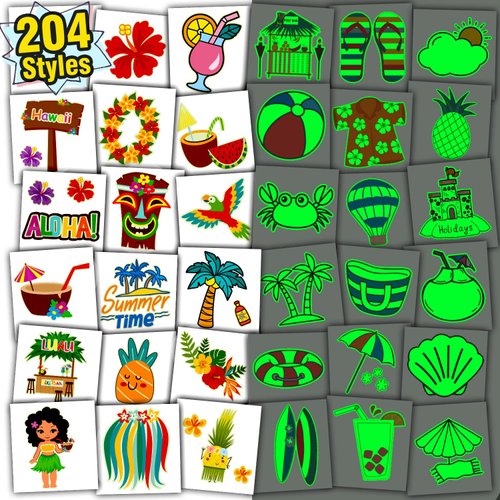 Partywind 204 Styles Luminous Hawaiian Party Supplies for Kids, Individually Wrapped Sheets Glow Hawaiian Luau Temporary Tattoos for Boys Girls Goodie Bag Stuffers, Beach Party Decorations