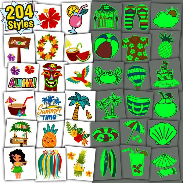 Partywind 204 Styles Luminous Hawaiian Party Supplies for Kids, Individually Wrapped Sheets Glow Hawaiian Luau Temporary Tattoos for Boys Girls Goodie Bag Stuffers, Beach Party Decorations