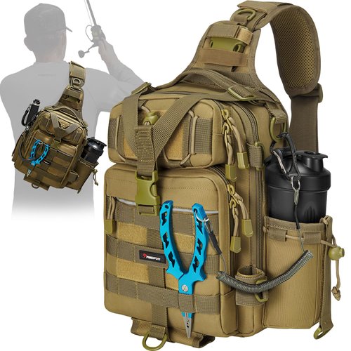 Piscifun Fishing Tackle Bag with Rod & Gear Holder, Lightweight Sling Tackle Storage Bag, Outdoor Fishing Shoulder Pack for Fishing, Hiking, Hunting, Khaki