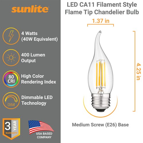 Sunlite 80421 LED Filament CA11 Flame Tip Chandelier Light Bulb, 4 Watts (40W Equivalent), Medium E26 Base, Clear Glass, Dimmable, 2700K Warm White, 1 Pack