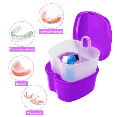 Colorful Denture Bath Case with Brush, Denture Cup Soaking Holder False Teeth Container Mouth Guard Storage Case Cleaning with Lid Waterproof - Purple