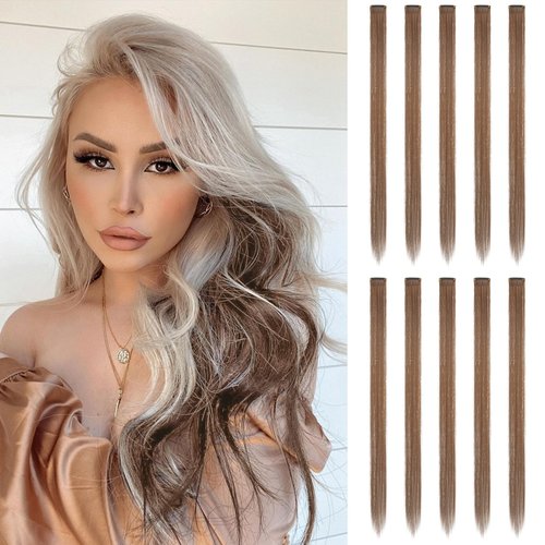 FESHFEN Colored Hair Extensions Light Brown Clip in Hair Extension 10 PCS Colorful Hair Piece Str...