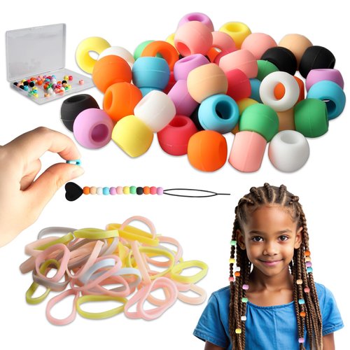 Esmorah Silicone Hair Beads for Kids Girls Braids, 50pcs Soft Colorful Rubber Pony Beads Kit Perfect for Women Hair Accessories (10 color+Small)