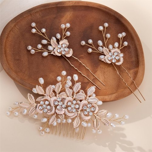 3PCS Rose gold hair accessories Wedding flower hair comb hair clip Bride Hair Side Comb Clips Flower Rhinestone Head Pieces for Bridesmaid Women and Girls