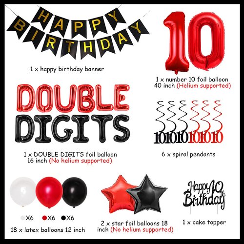 10th Birthday Decorations for Boys Red and Black Double Digits Birthday Party Supplies 10 with Double Digits Foil Balloons Hanging Swirls Happy Birthday Cake Topper Banner for 10 Years Old