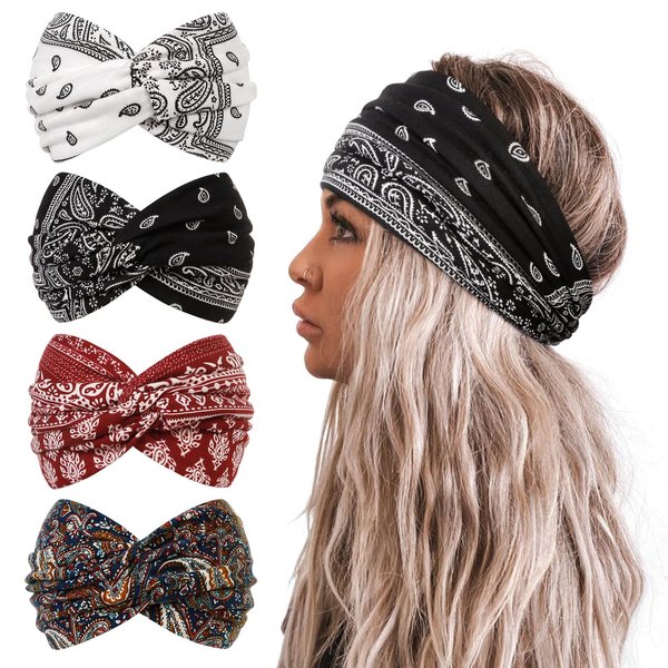 7'' Boho Wide Headbands Turban Twist Knotted Headband Floral Printed Hair Bands Sweat Workout Sport Yoga Hair Accessories for Women and Girls, 4 Pack