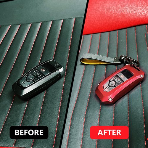 RERPRO Fit for Ford Key Fob Cover Keychain Compatible with 2021 2022 2023 2024 Ford Bronco Bronco Sport F150 Key Chain Case Key Holder Aluminum Shell with Leather Lanyard Accessories 1 Pack Red