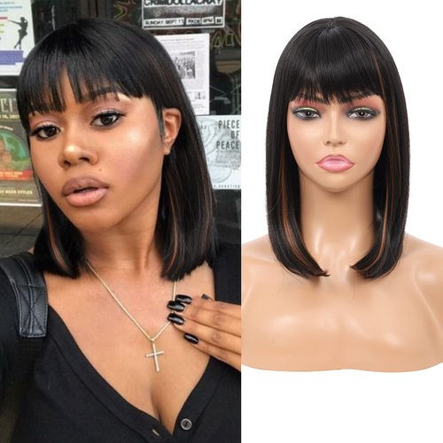 Kalyss Short Bob Wigs with Hair Bangs Black Wigs with Brown Highlights Heat Resistant Synthetic Straight Full Head Hair Wig for Women Natural Looking for Daily Wear
